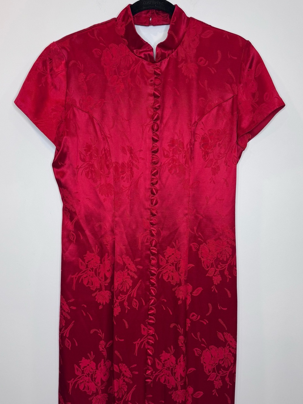 Vintage Red Floral Jacquard Maxi floral mandarin collars Dress sz 12 - Picture 3 of 9
